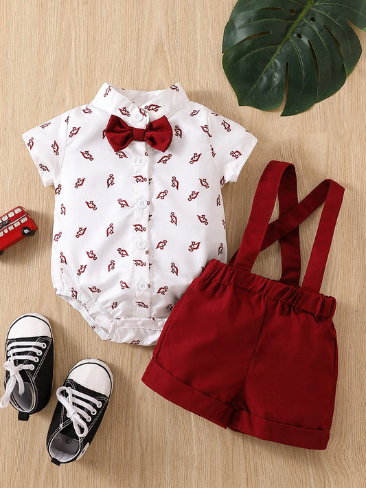 Souflis Souflis Baby Boy Dinosaur Print Bow Front Shirt Bodysuit & Pinafore Shorts