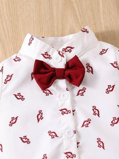 Souflis Souflis Baby Boy Dinosaur Print Bow Front Shirt Bodysuit & Pinafore Shorts