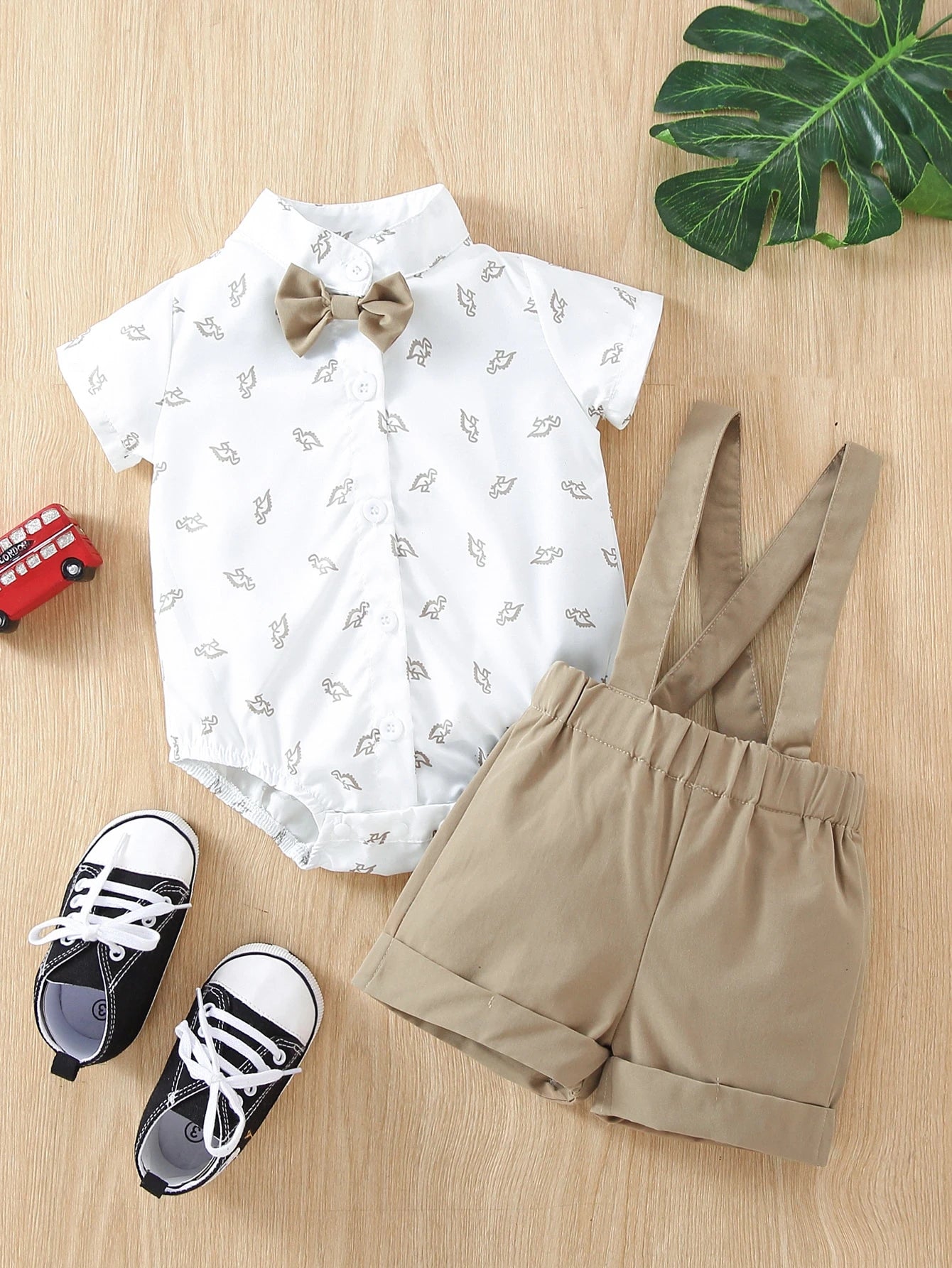 Souflis Souflis Baby Boy Dinosaur Print Bow Front Shirt Bodysuit & Pinafore Shorts