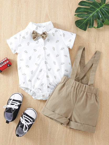 Souflis Souflis Baby Boy Dinosaur Print Bow Front Shirt Bodysuit & Pinafore Shorts