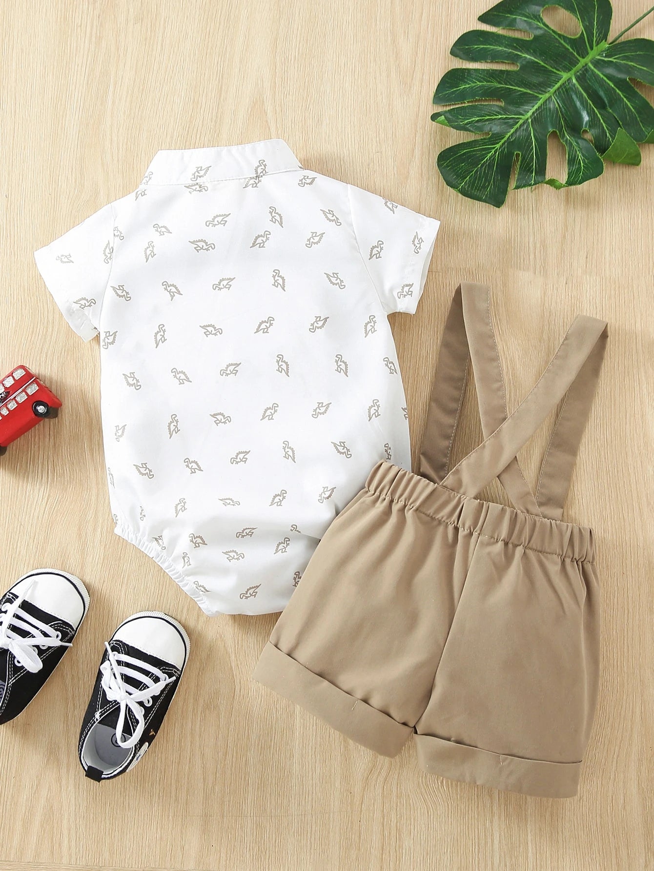 Souflis Souflis Baby Boy Dinosaur Print Bow Front Shirt Bodysuit & Pinafore Shorts