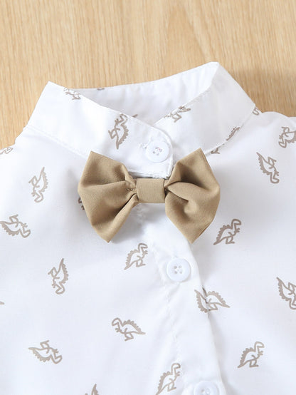 Souflis Souflis Baby Boy Dinosaur Print Bow Front Shirt Bodysuit & Pinafore Shorts