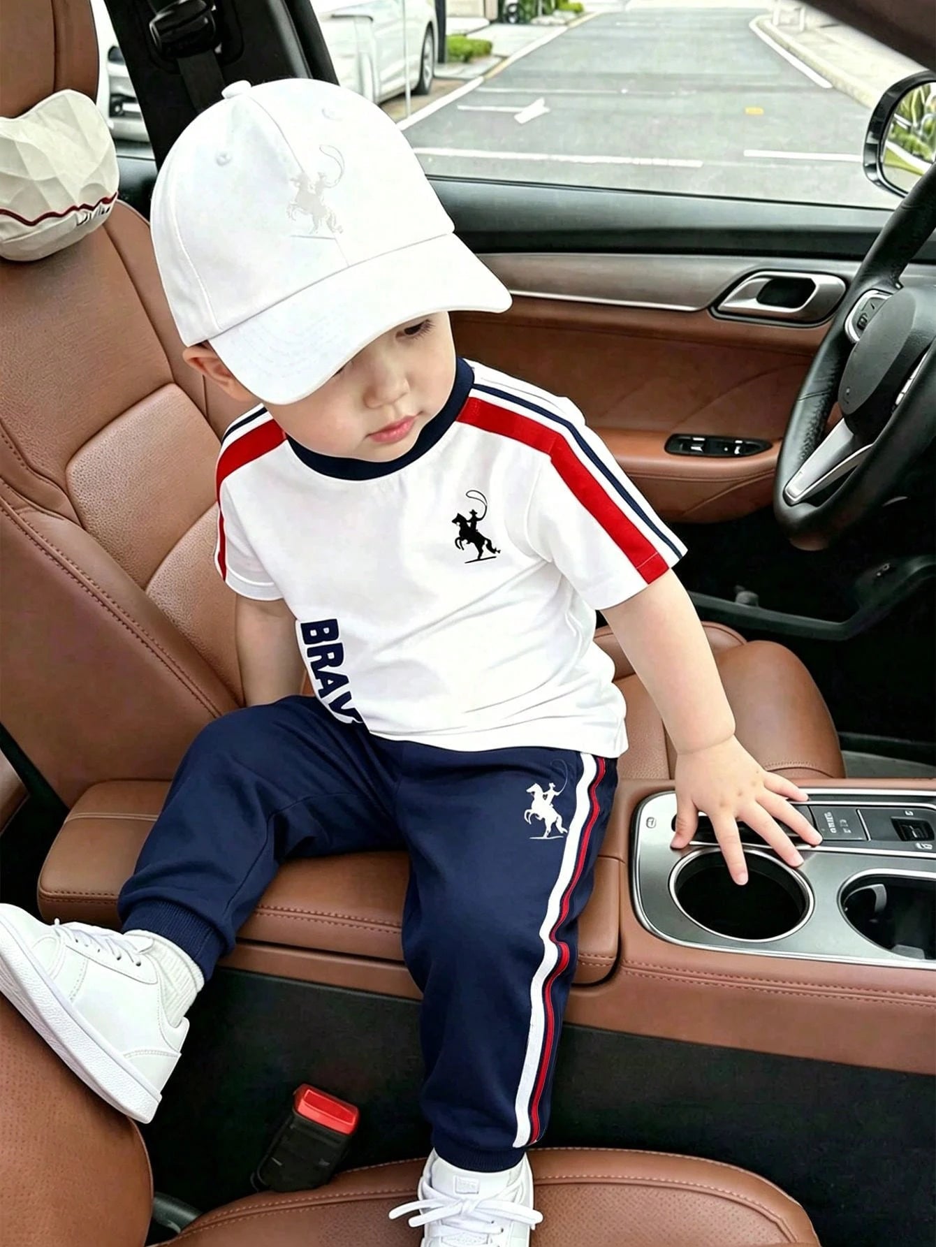 Souflis Souflis Baby Boy White Blue Red Color Block Horse Logo Print Side Stripe Short Sleeve Shirts Shorts Set Casual School Back To School Outfits