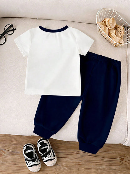Souflis Souflis Baby Boy White Blue Red Color Block Horse Logo Print Side Stripe Short Sleeve Shirts Shorts Set Casual School Back To School Outfits