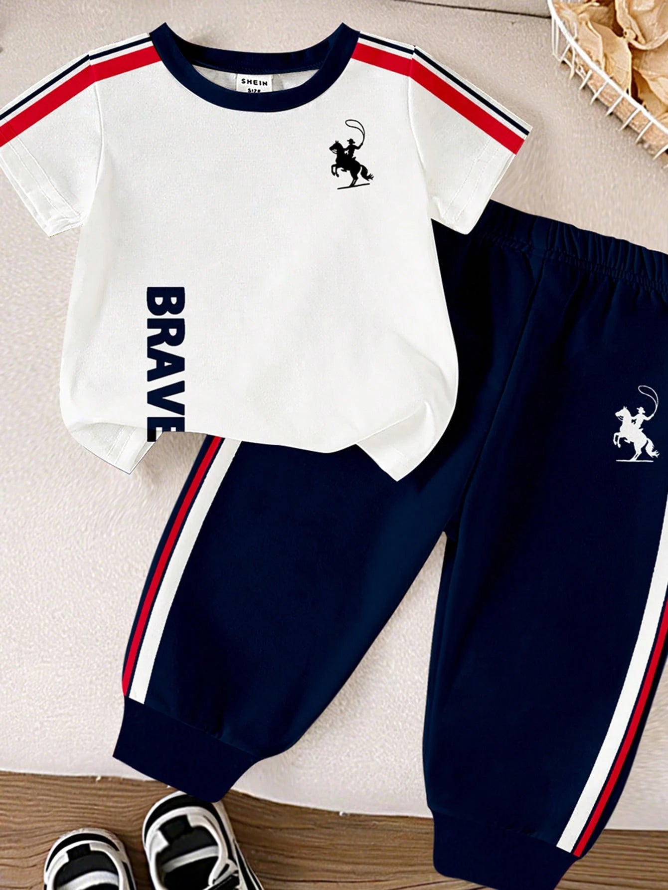 Souflis Souflis Baby Boy White Blue Red Color Block Horse Logo Print Side Stripe Short Sleeve Shirts Shorts Set Casual School Back To School Outfits