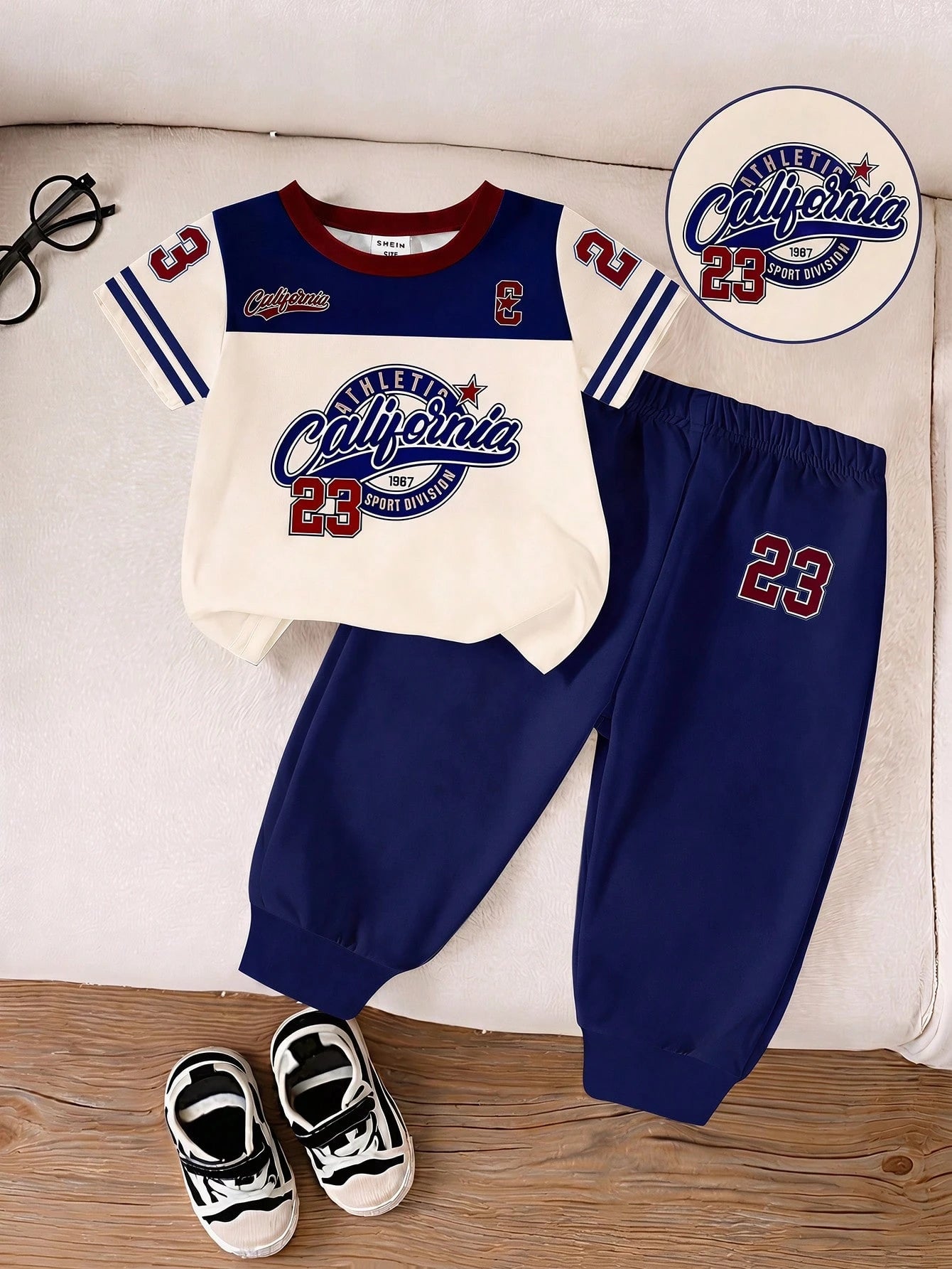 Souflis Souflis Baby Boy White Blue Red Color Block Horse Logo Print Side Stripe Short Sleeve Shirts Shorts Set Casual School Back To School Outfits