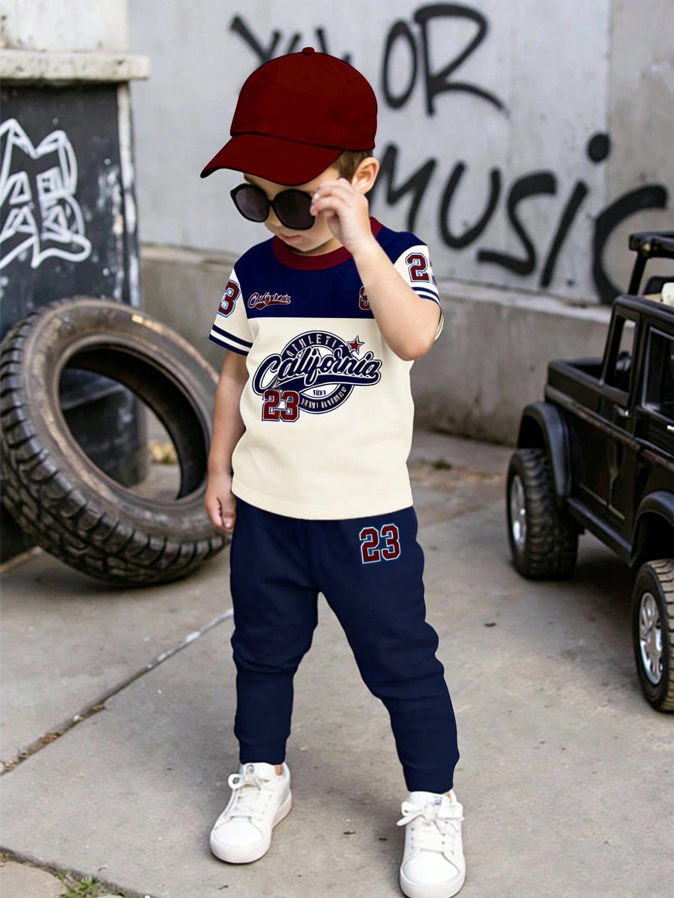Souflis Souflis Baby Boy White Blue Red Color Block Horse Logo Print Side Stripe Short Sleeve Shirts Shorts Set Casual School Back To School Outfits