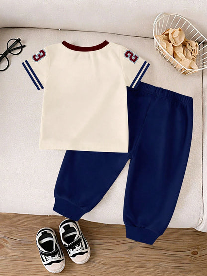 Souflis Souflis Baby Boy White Blue Red Color Block Horse Logo Print Side Stripe Short Sleeve Shirts Shorts Set Casual School Back To School Outfits