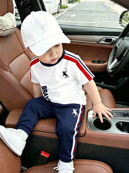 Souflis Souflis Baby Boy White Blue Red Color Block Horse Logo Print Side Stripe Short Sleeve Shirts Shorts Set Casual School Back To School Outfits