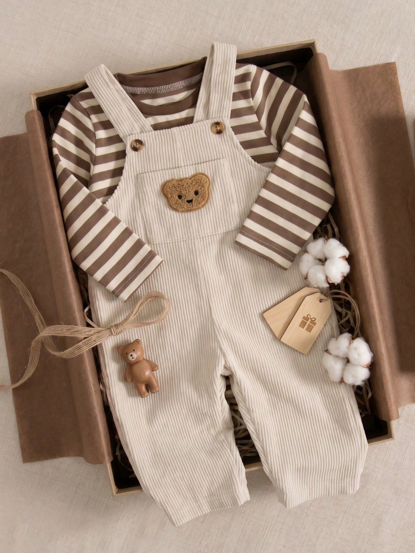 Souflis Souflis French Style Autumn/Winter New 2-Piece Set For Baby Boys 0-3 Years, Cute Bear Pattern Beige Corduroy Overalls With Brown Striped Crew Neck Long Sleeve Shirt, Adorable And Fashionable