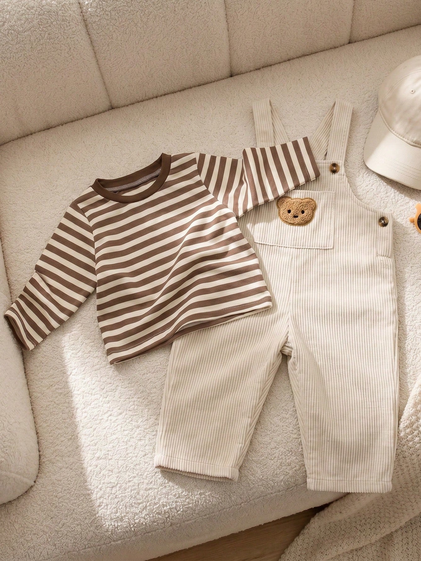 Souflis Souflis French Style Autumn/Winter New 2-Piece Set For Baby Boys 0-3 Years, Cute Bear Pattern Beige Corduroy Overalls With Brown Striped Crew Neck Long Sleeve Shirt, Adorable And Fashionable