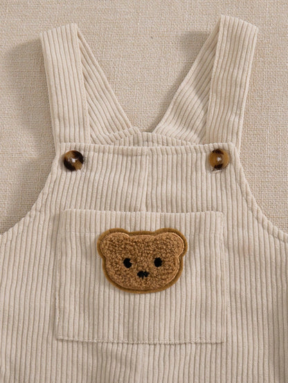 Souflis Souflis French Style Autumn/Winter New 2-Piece Set For Baby Boys 0-3 Years, Cute Bear Pattern Beige Corduroy Overalls With Brown Striped Crew Neck Long Sleeve Shirt, Adorable And Fashionable