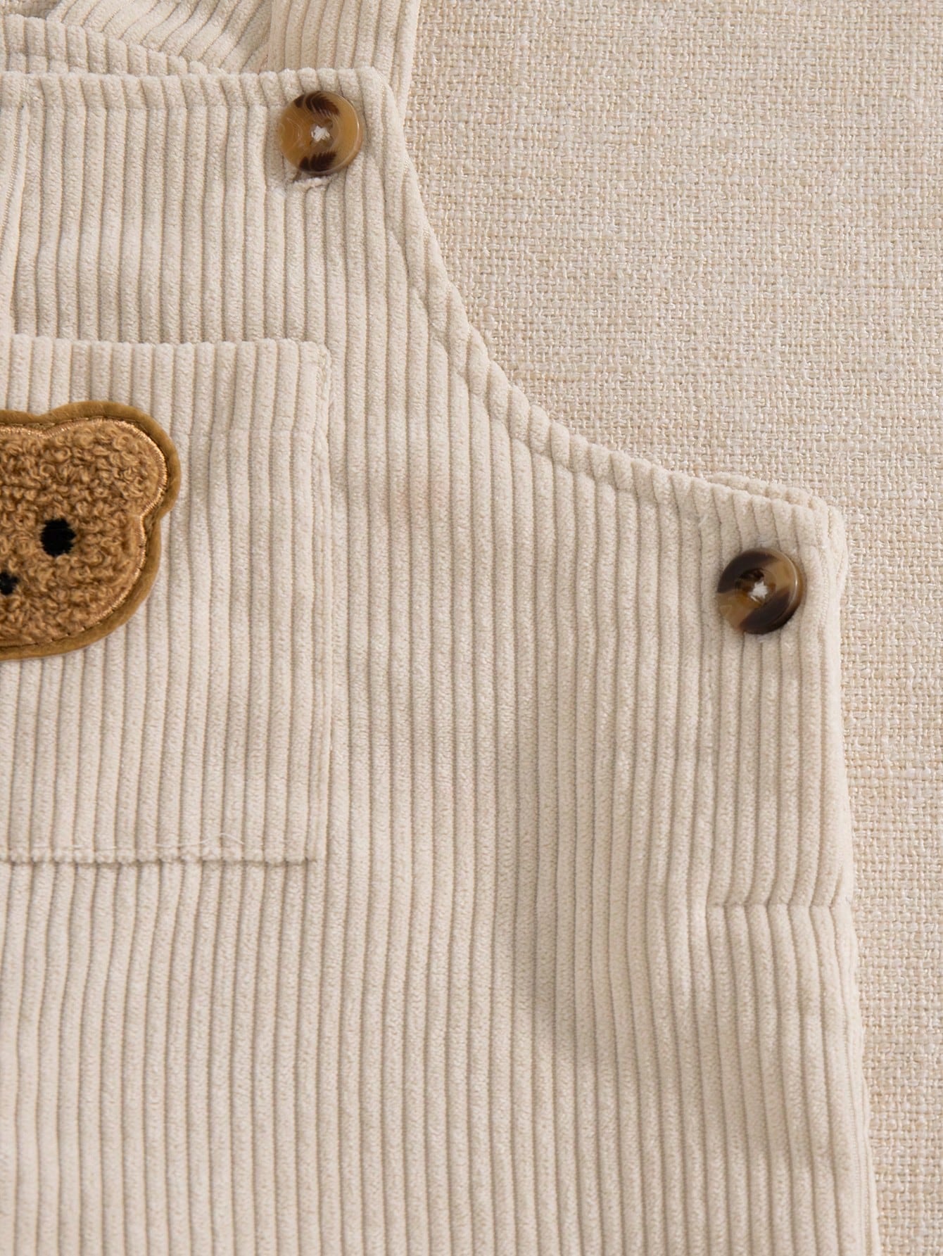 Souflis Souflis French Style Autumn/Winter New 2-Piece Set For Baby Boys 0-3 Years, Cute Bear Pattern Beige Corduroy Overalls With Brown Striped Crew Neck Long Sleeve Shirt, Adorable And Fashionable