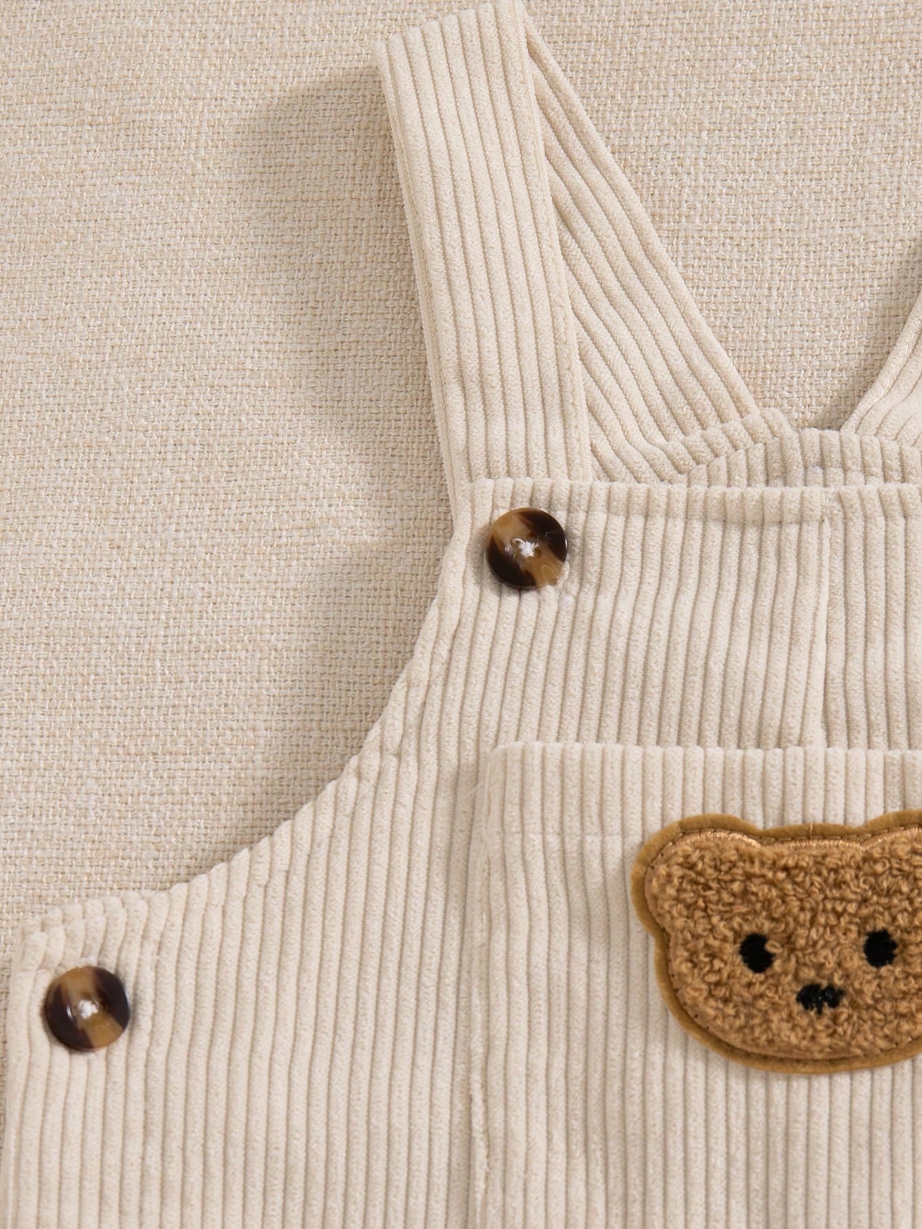 Souflis Souflis French Style Autumn/Winter New 2-Piece Set For Baby Boys 0-3 Years, Cute Bear Pattern Beige Corduroy Overalls With Brown Striped Crew Neck Long Sleeve Shirt, Adorable And Fashionable
