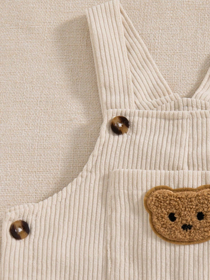 Souflis Souflis French Style Autumn/Winter New 2-Piece Set For Baby Boys 0-3 Years, Cute Bear Pattern Beige Corduroy Overalls With Brown Striped Crew Neck Long Sleeve Shirt, Adorable And Fashionable