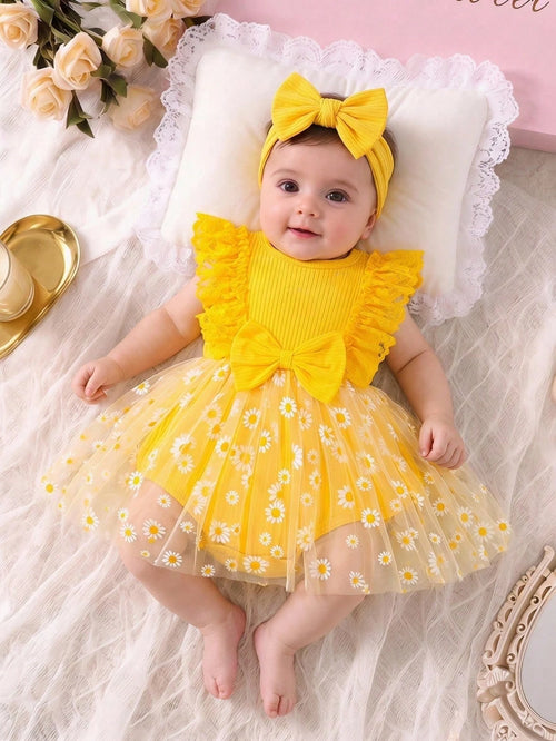 Souflis Souflis Newborn Baby Girl Summer Yellow Sweet Princess Style Lace Bow Flower Embroidery Sleeveless Jumpsuit, Loose Ruffle Edge Design, Suitable For Daily Outings, Leisure Travel, Family Gather
