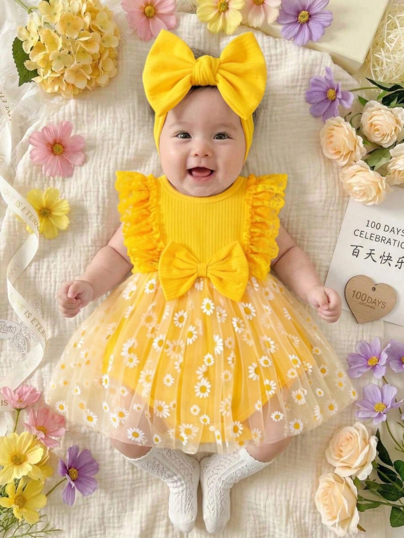 Souflis Souflis Newborn Baby Girl Summer Yellow Sweet Princess Style Lace Bow Flower Embroidery Sleeveless Jumpsuit, Loose Ruffle Edge Design, Suitable For Daily Outings, Leisure Travel, Family Gather
