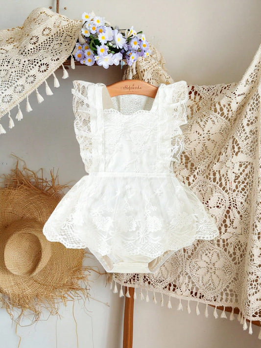 Souflis Souflis Woven Mesh Embroidery Bodysuit Dress For Baby Girls