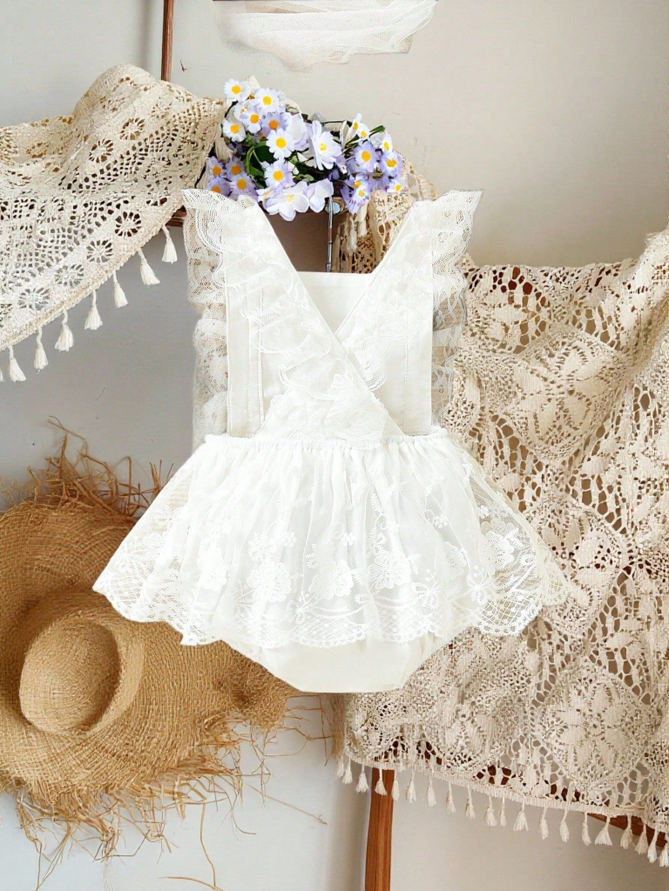 Souflis Souflis Woven Mesh Embroidery Bodysuit Dress For Baby Girls