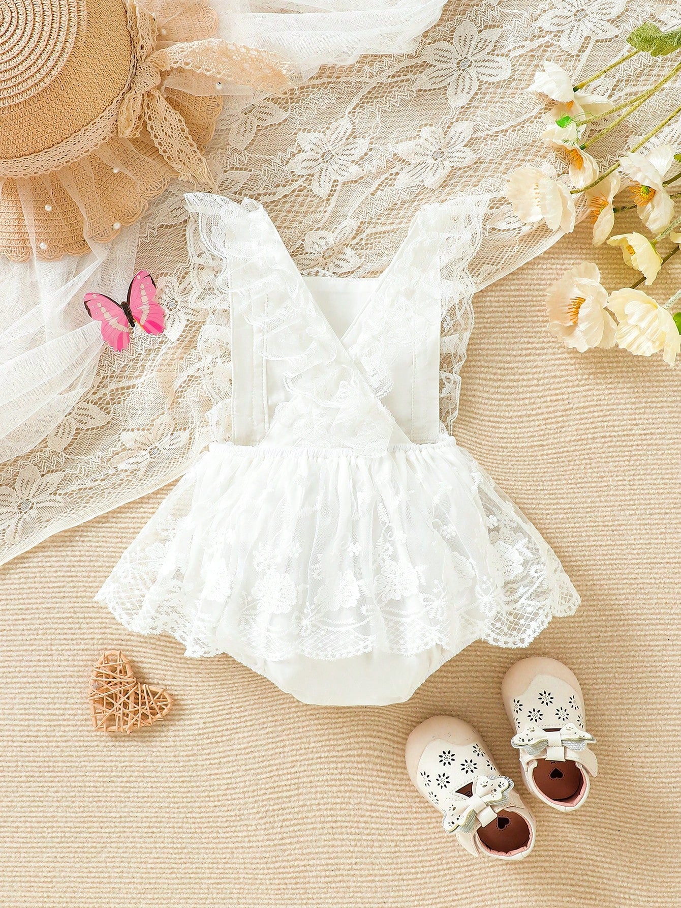 Souflis Souflis Woven Mesh Embroidery Bodysuit Dress For Baby Girls