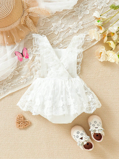 Souflis Souflis Woven Mesh Embroidery Bodysuit Dress For Baby Girls