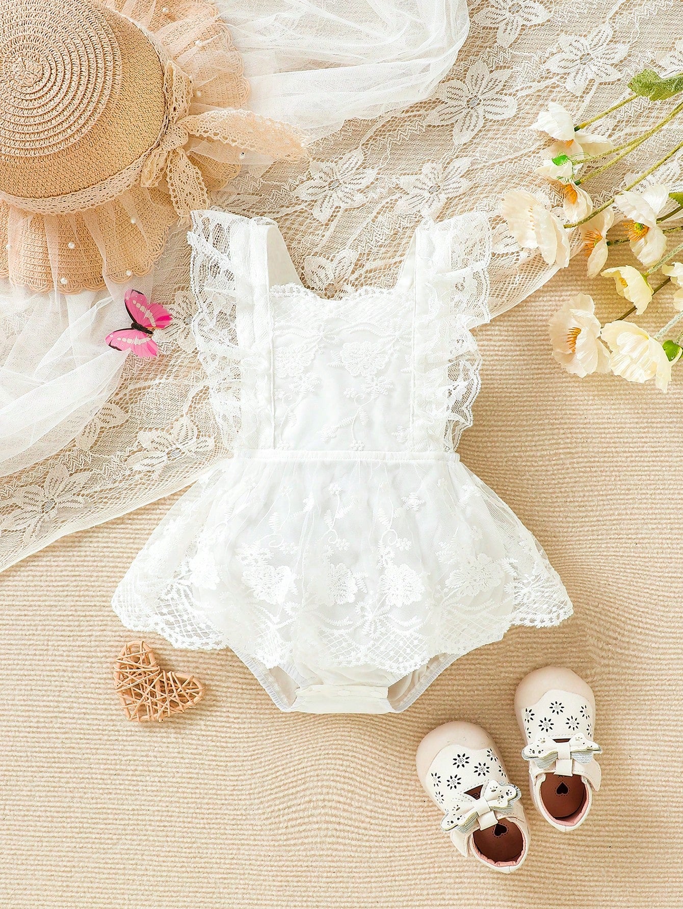 Souflis Souflis Woven Mesh Embroidery Bodysuit Dress For Baby Girls