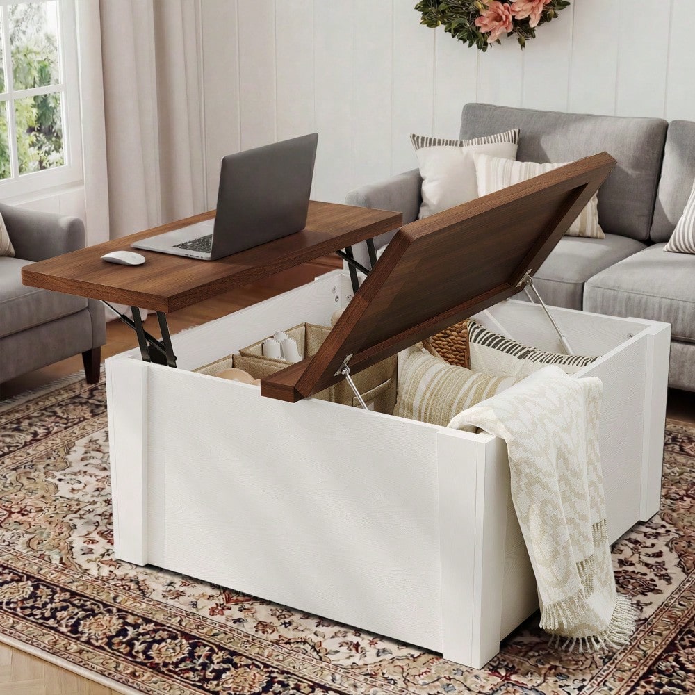 Space-Saving Square Lift-Top Coffee Table – Farmhouse Style With Dual Flip-Top Lids & Hidden Compartment, MDF Center Table For Living Room