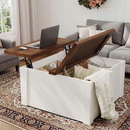 Space-Saving Square Lift-Top Coffee Table – Farmhouse Style With Dual Flip-Top Lids & Hidden Compartment, MDF Center Table For Living Room