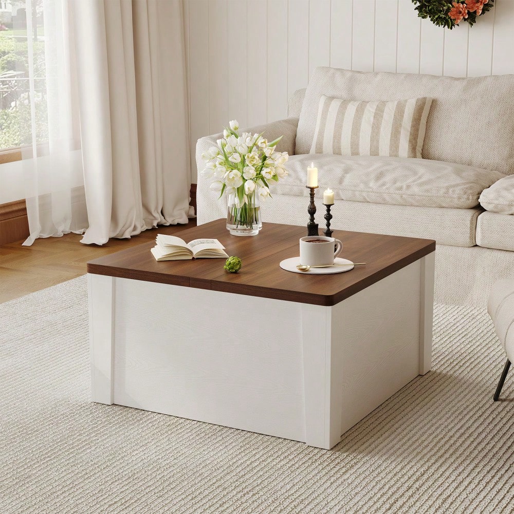 Space-Saving Square Lift-Top Coffee Table – Farmhouse Style With Dual Flip-Top Lids & Hidden Compartment, MDF Center Table For Living Room