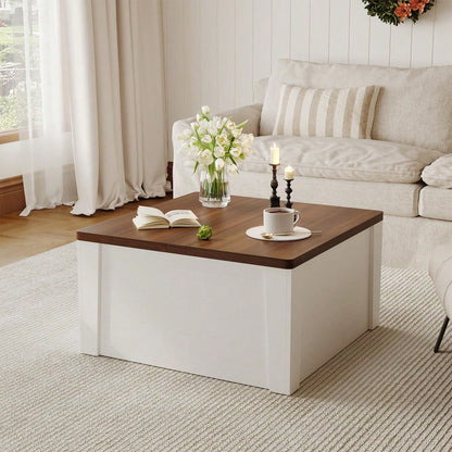 Space-Saving Square Lift-Top Coffee Table – Farmhouse Style With Dual Flip-Top Lids & Hidden Compartment, MDF Center Table For Living Room