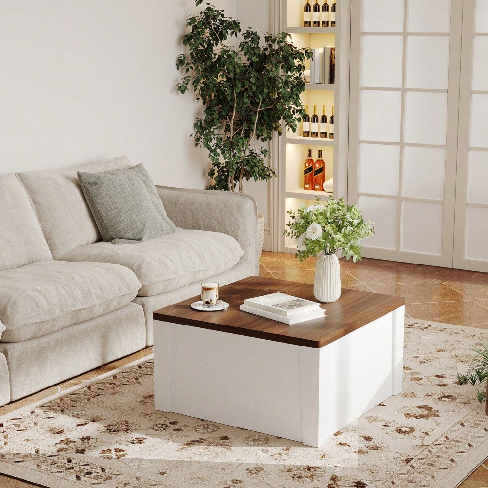 Space-Saving Square Lift-Top Coffee Table – Farmhouse Style With Dual Flip-Top Lids & Hidden Compartment, MDF Center Table For Living Room