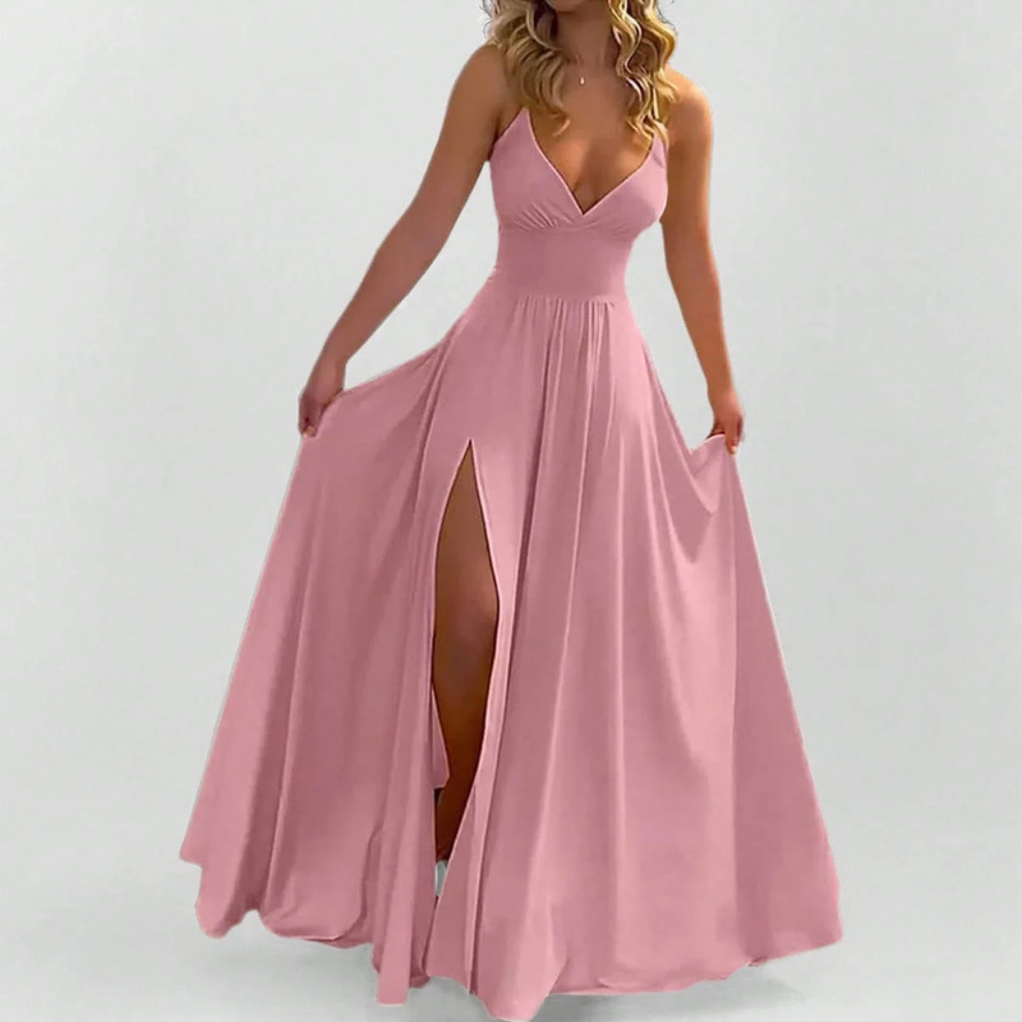 Spaghetti Strap Dress Fashion Sexy Split Solid Color Maxi Dress Women Elegant Side Slit Party Long Dress