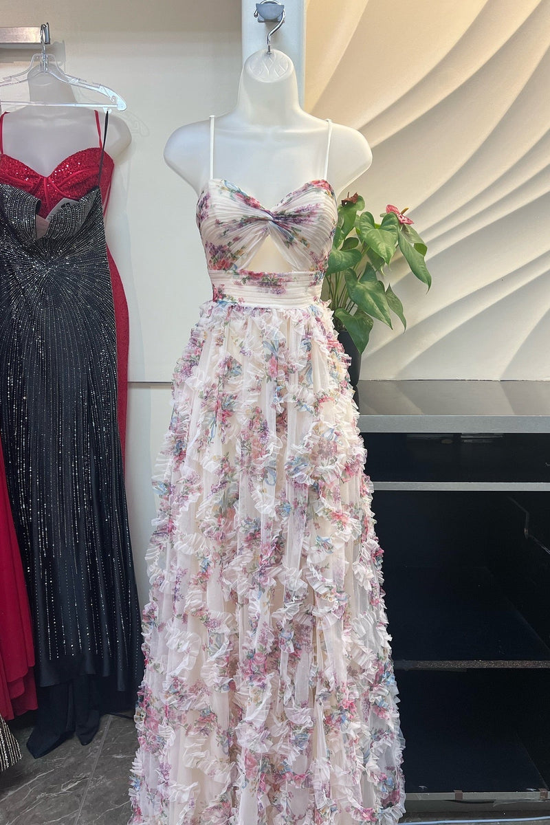 Spaghetti Strap Floral Ruffle Prom Dress with Keyhole