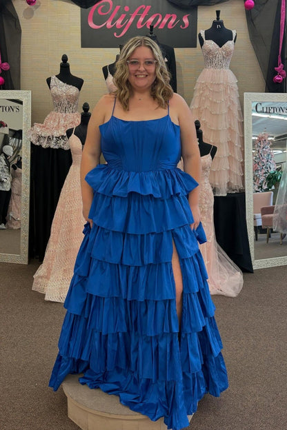 Spaghetti Strap Ruffle Prom Dress with High Slit