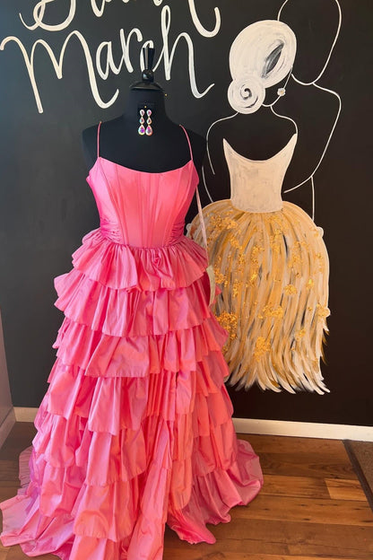 Spaghetti Strap Ruffle Prom Dress with High Slit