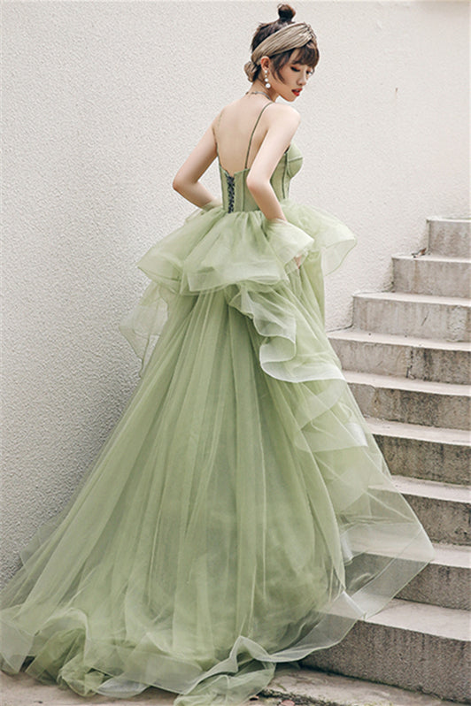 Spaghetti Straps A-line Sage Green Long Formal Dress