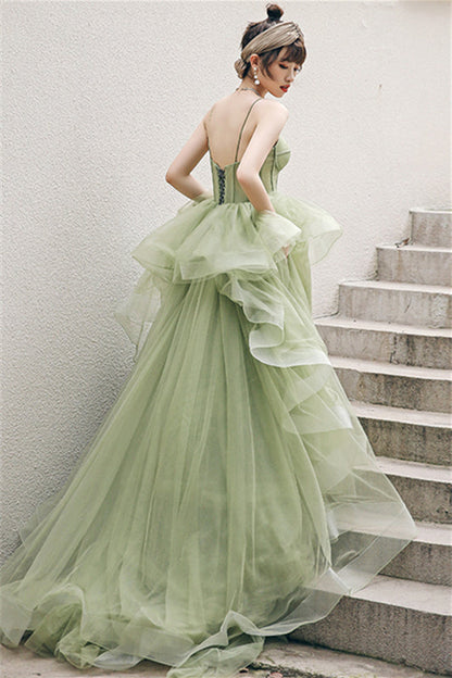 Spaghetti Straps A-line Sage Green Long Formal Dress