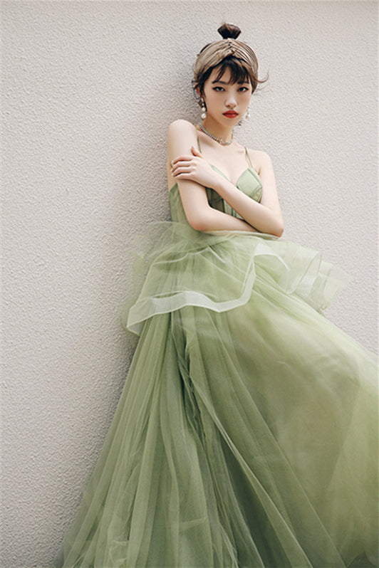 Spaghetti Straps A-line Sage Green Long Formal Dress