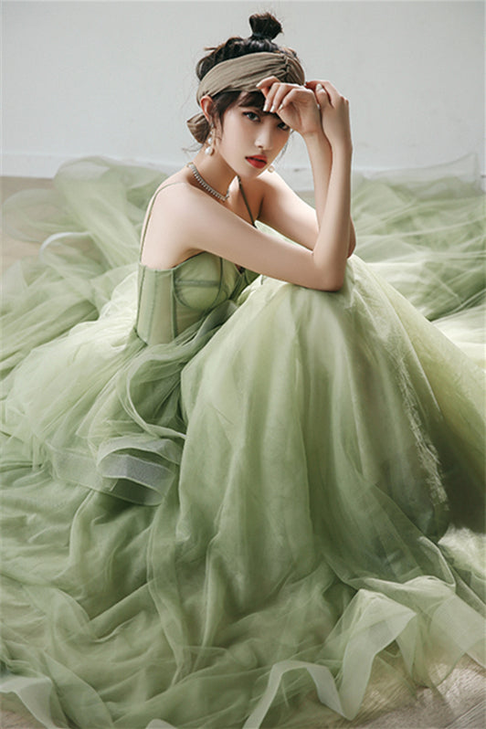 Spaghetti Straps A-line Sage Green Long Formal Dress