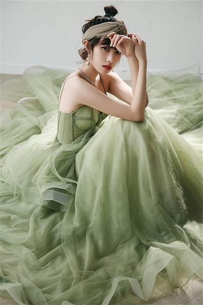 Spaghetti Straps A-line Sage Green Long Formal Dress