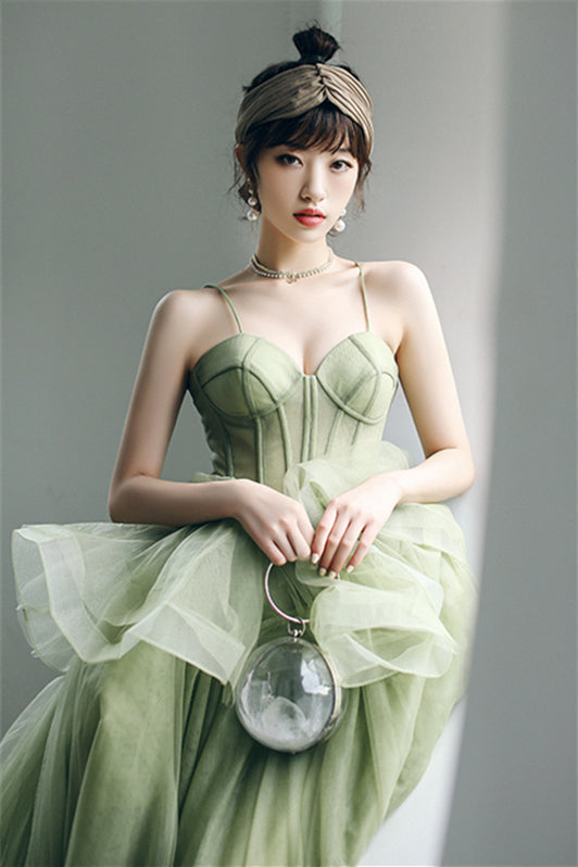 Spaghetti Straps A-line Sage Green Long Formal Dress