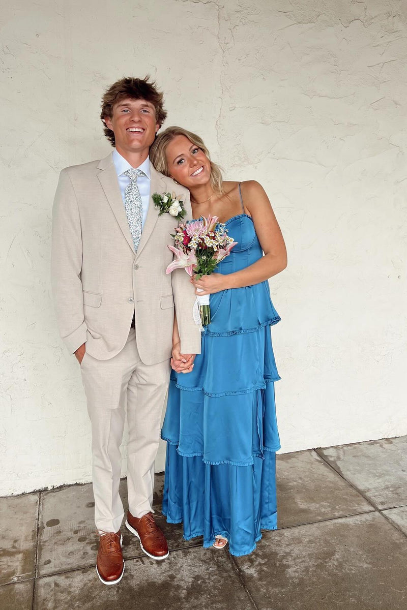 Spaghetti Straps Blue Soft Satin Layered Long Formal Dress
