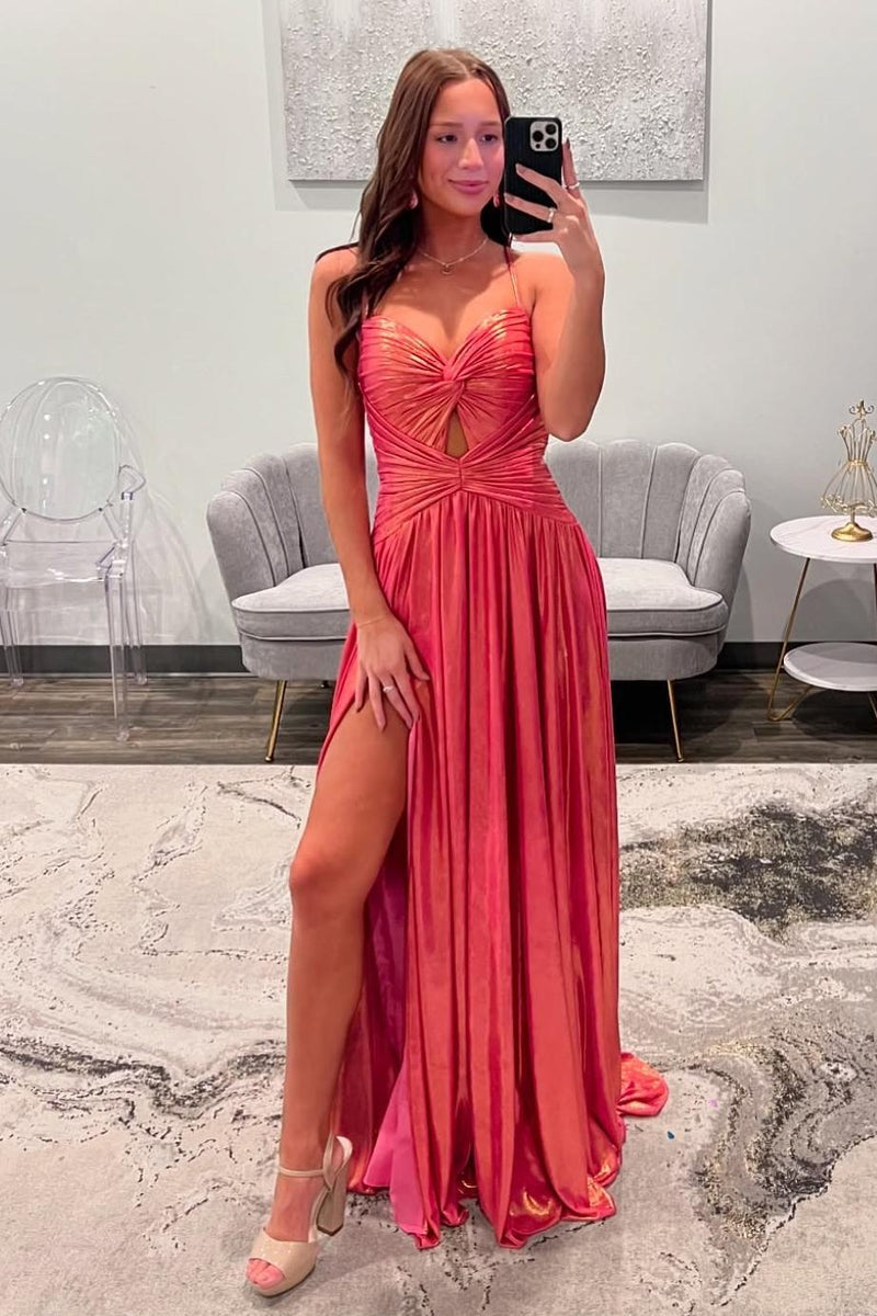 Spaghetti Straps Coral Metallic Twist Long Prom Dress