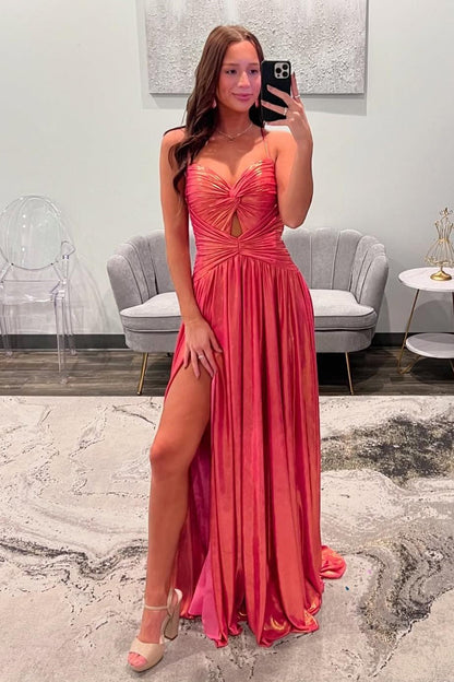 Spaghetti Straps Coral Metallic Twist Long Prom Dress
