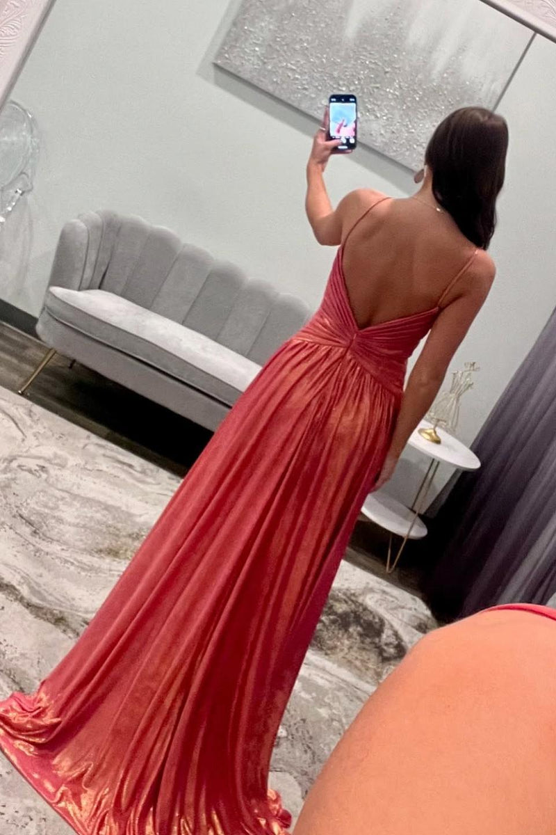 Spaghetti Straps Coral Metallic Twist Long Prom Dress