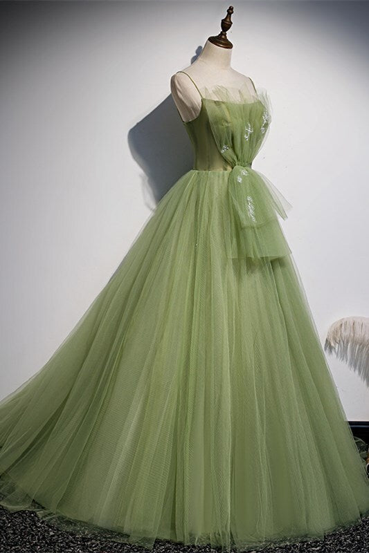 Spaghetti Straps Green A-line Long Party Dress