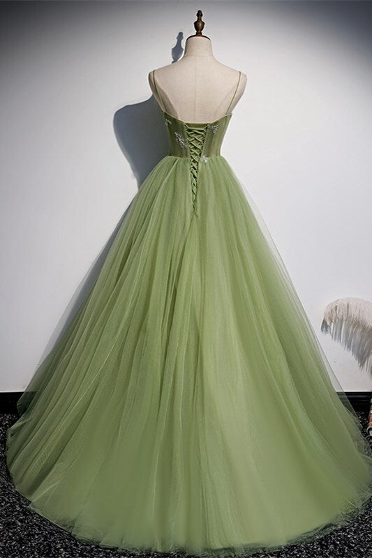 Spaghetti Straps Green A-line Long Party Dress