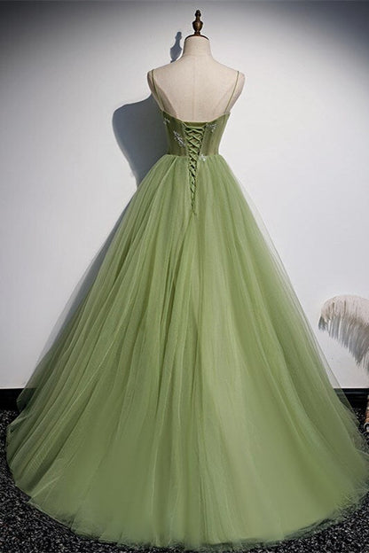 Spaghetti Straps Green A-line Long Party Dress