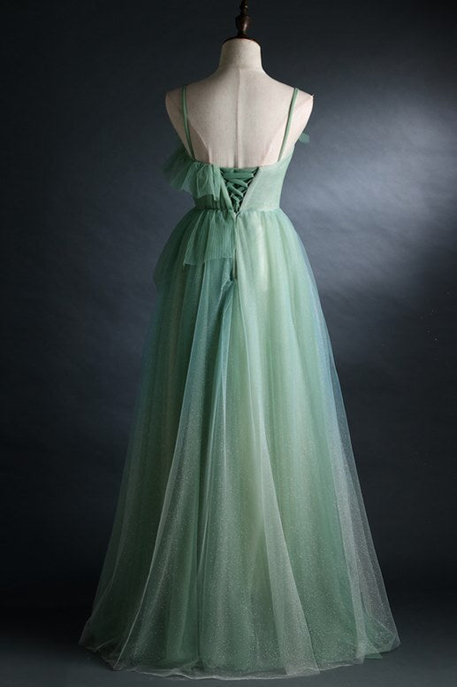 Spaghetti Straps Green Tulle Long Formal Dress