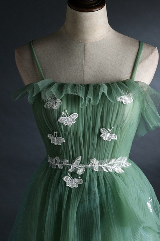 Spaghetti Straps Green Tulle Long Formal Dress